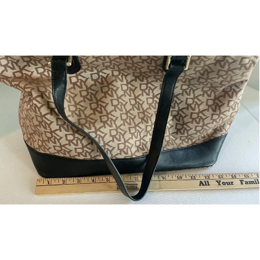 DKNY Tote Bag Monogram Logo Canvas Black Leather Trim Large Shoulder Bag Handbag